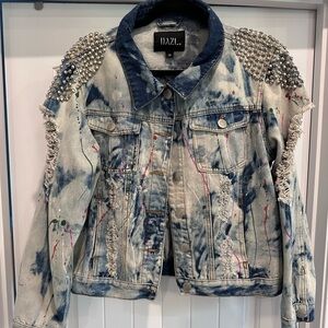 Embellished Distressed Paint-spattered Denim Studded Jacket